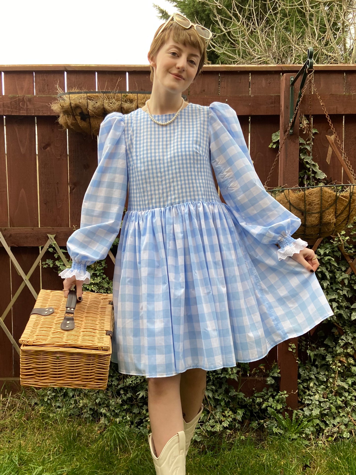 The Alma Smock Dress in Contrasting Blue Gingham